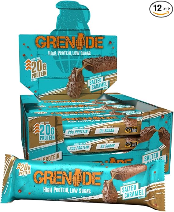 Grenade High Protein, Low Sugar Bar - Chocolate Chip Salted Caramel, 12 x 60 g